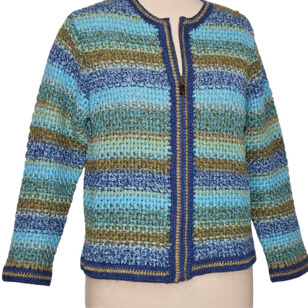 NORTHERN ISLE Chunky Crochet Wool Full Zip Multi Color Cardigan Sweater โฆ